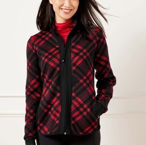 Talbots Cozy Fleeceback Knit Jacket - Wintery Plaid Red Black XLP